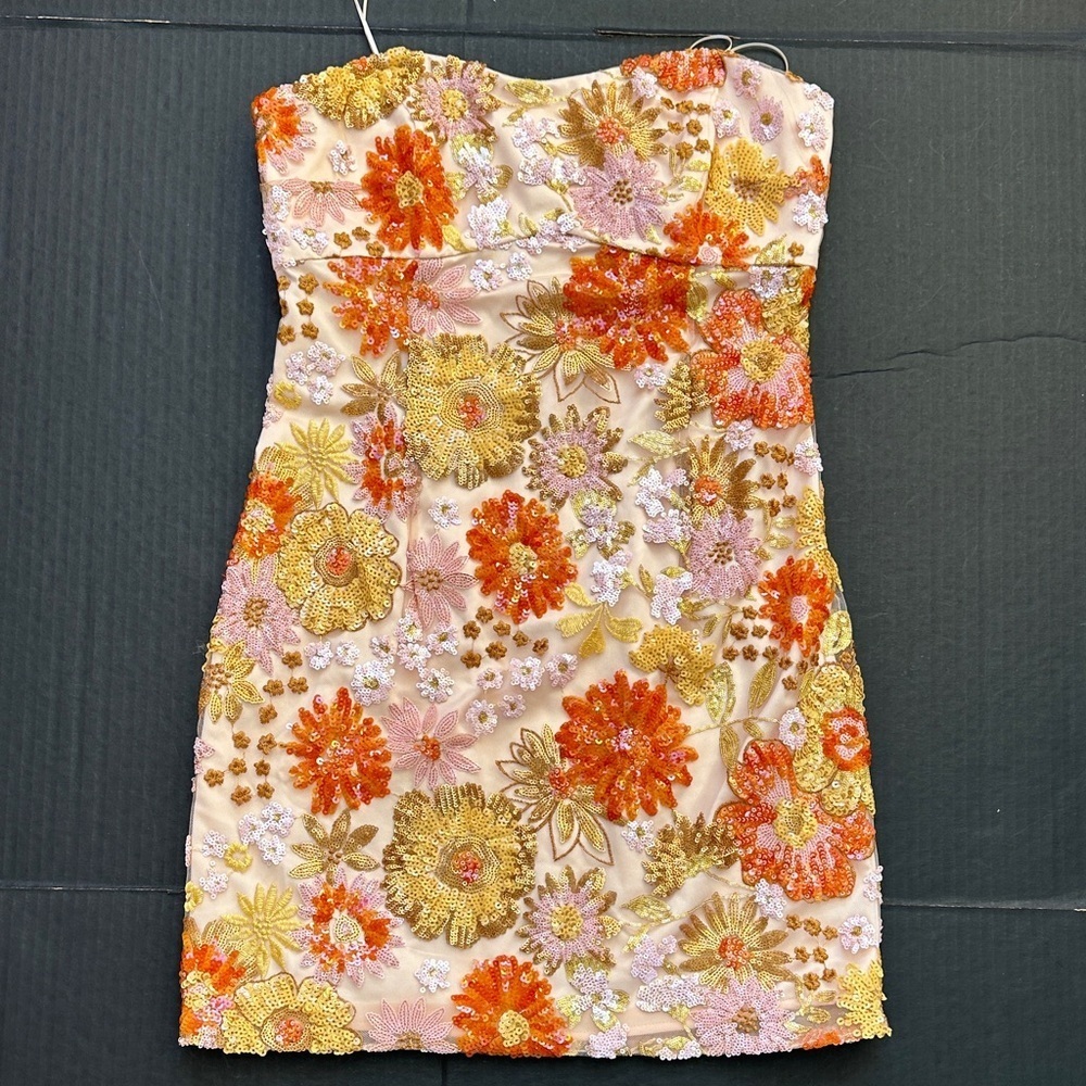 New Women's Fia Floral-Sequin Strapless Mini Dress SZ 2 - Picture 5 of 10